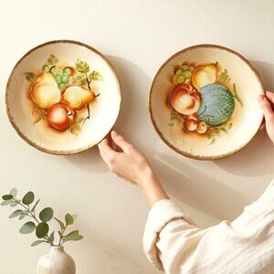 Vintage Giftcraft Japan Hand Painted Fruit Wall Plates Gold Rim Set of Two 1960s